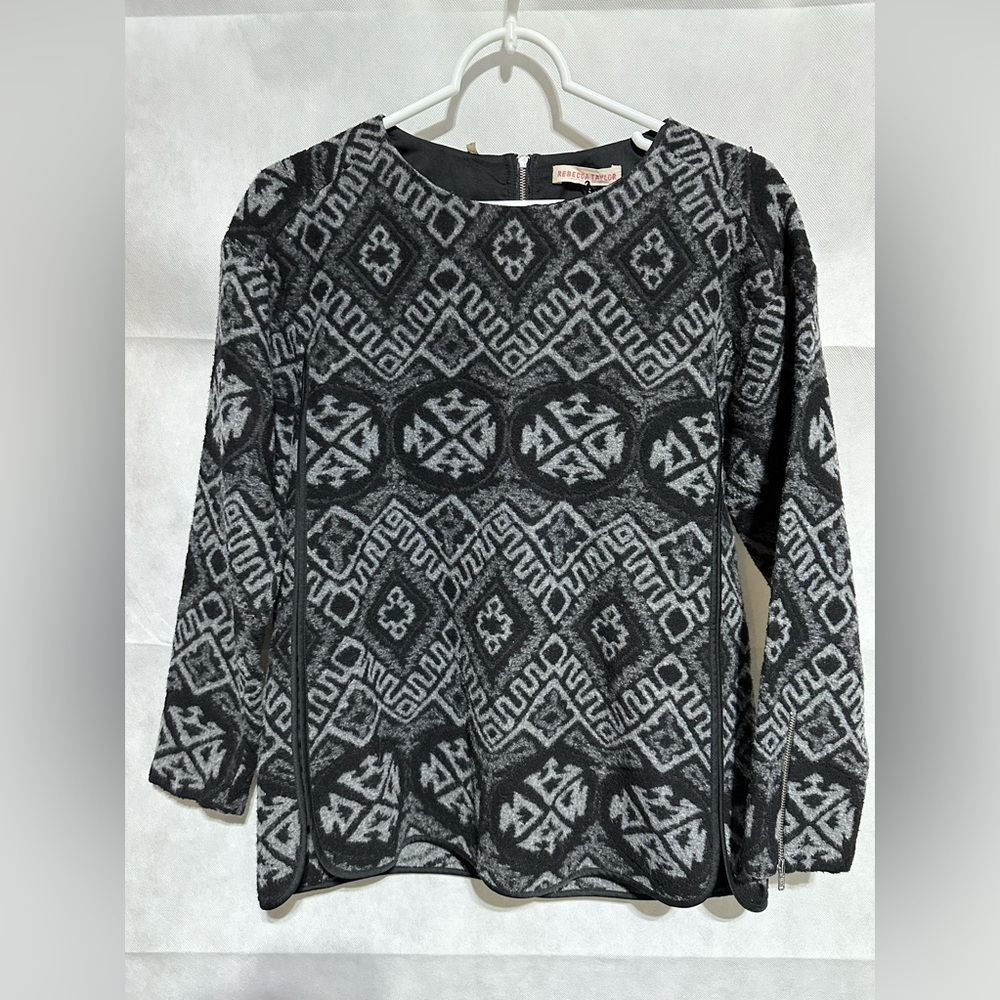 Rebecca Taylor Wool Blend Black Gray Zip Top Sweater Aztec Southwest Argyle Sz 2